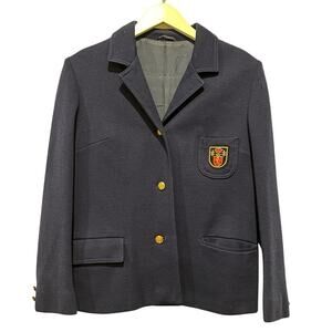 Size M Merino Wool Vintage Blazer Blue Academia Crest Preppy Clueless FLAWED